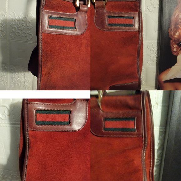 Gucci Burgundy Suede Leather Vintage Sherry Web Satchel Handbag  Authentic - Picture 11 of 16
